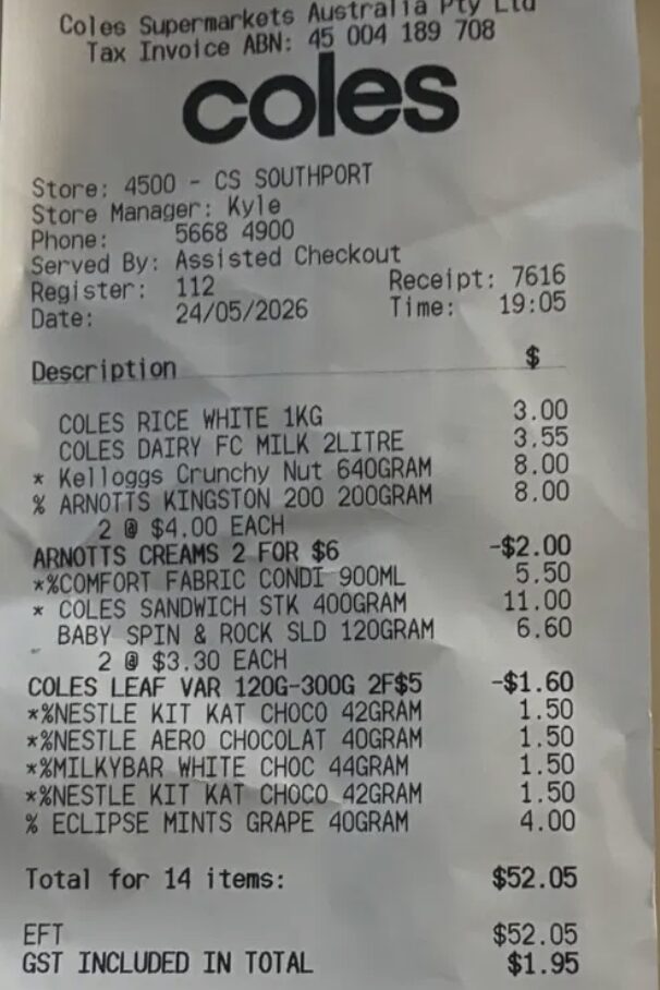 ゴールドコーストのColesで買い物したレシート52.05豪ドル