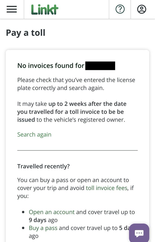 Linktでナンバープレートを検索した結果。No invoices foundと表示されている