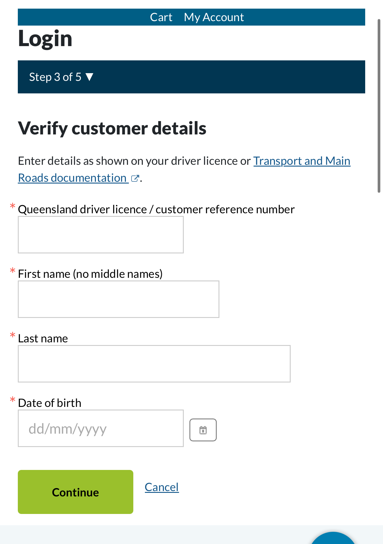 TMRのログイン画面。CRNまたはQLD運転免許証番号を入力する